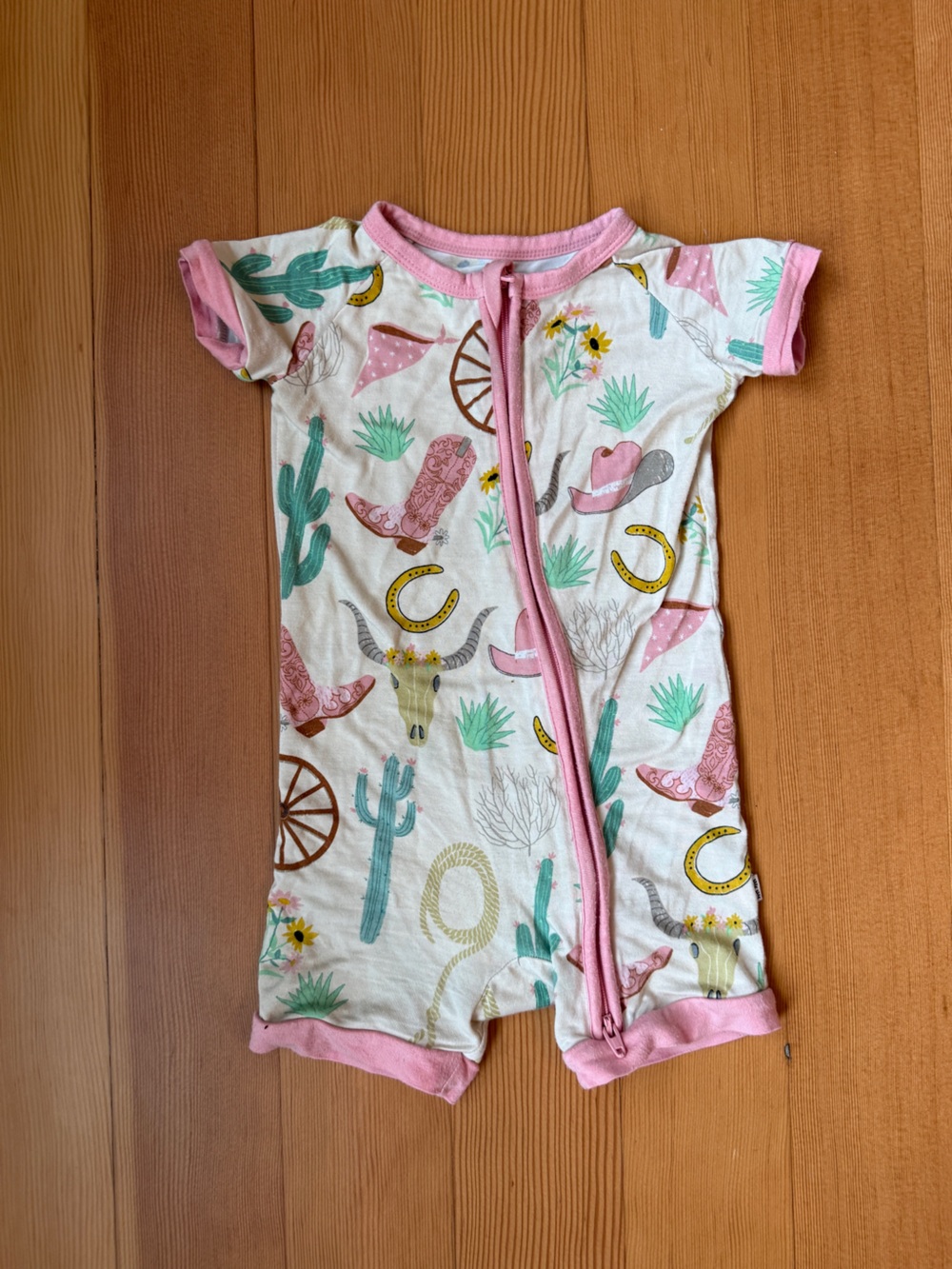 Little Sleepies cowgirl western short sleeve zippy, 6-12M, pink trim